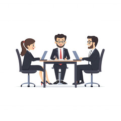 Obraz premium A business meeting with three professionals collaborating at a table, each using laptops to discuss strategies and ideas in a modern office setting.