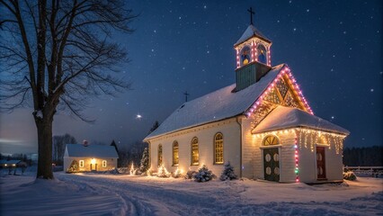 church in the winter, church in the snow, church view in evening, ai generated
