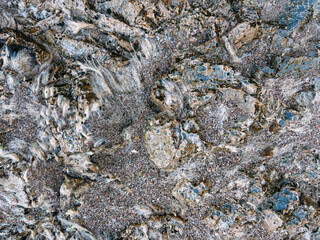 A textured view of a rock embedded in sand, featuring green algae growths and natural patterns