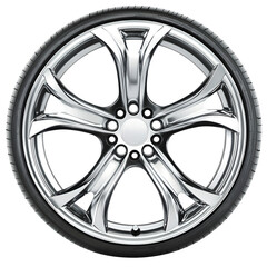 Obraz premium A gleaming chrome alloy wheel, a symbol of automotive luxury and high-performance, showcasing intricate five-spoke design and a sleek black tire.
