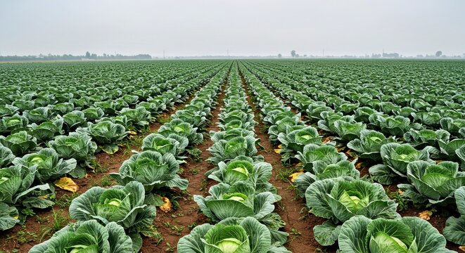 Vibrant Cabbage Plantations Growing in neat Rows Across an Agricultural Field Landscape