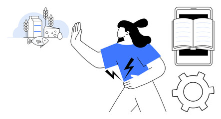 Woman gesturing stop toward dairy, fish, and wheat while interacting with a book and a smartphone. Ideal for sustainability, veganism, education, technology, conscious living, healthcare simple