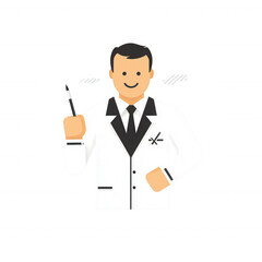 A cheerful male doctor in a white coat, smiling and holding a pen, symbolizing healthcare and professionalism, against a white isolated background.