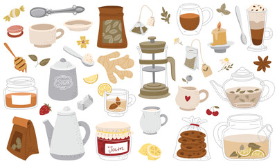 Flat color tea set with mugs, teapots, biscuits, lemon, ginger and sugar. It is ideal for use in tea packaging design, kitchen accessories, cafes, culinary blogs restaurants. individual items. point