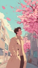 Anime-style illustration of a man under cherry blossoms, symbolizing spring and contemplation. Perfect for posters, wallpapers, apparel, and social media.