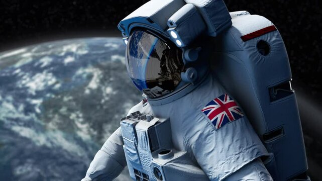 UK, British Astronaut with arm patch flag floating through space. Space program. Spaceman. Earth in background. The country showing national pride. 