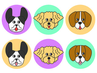 Vector cartoon illustration set of various dogs with smiling and surprising faces, good for postcards, modern art prints, web design, etc. 