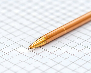 Close-up of a gold pen resting on a gridded paper