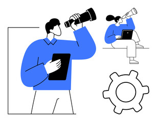 People using telescopes and a tablet, symbolizing vision, innovation, and strategy. Ideal for search, exploration, teamwork, innovation analytics goal planning workforce themes. Flat simple