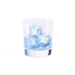 A clear glass filled with water and three ice cubes, isolated on a white background.