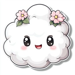 Adorable Kawaii Cloud Cartoon Character: A Whimsical and Charming Digital Illustration of a Happy, Fluffy Cloud with Flowers, Perfect for Children's Books, Stickers, and Cute Designs