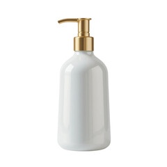 A photo of a white bottle with a gold pump on isolated background.
