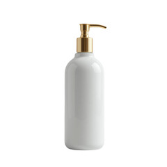 A photo of a white bottle with a gold pump on isolated background.