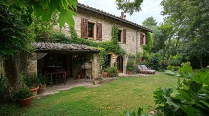 Fototapeta premium Charming Stone House in Lush Garden