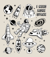 Space theme vector set with astronauts, rockets, planets, UFOs, space shuttles, and cosmic elements. © cddesign.co