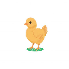 A cute, fluffy yellow chick standing on green grass, showcasing its vibrant feathers and curious expression, perfect for illustrations related to spring and nature.