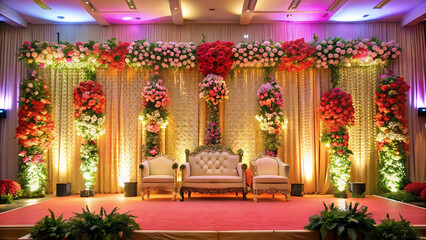 Floral Stage Decoration with Blossoms and Lights for Event Background