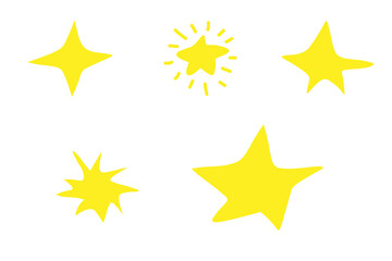 Set of five icons isolated on  white background. Stars in different styles and shapes. Color is yellow. Flat cartoon design.