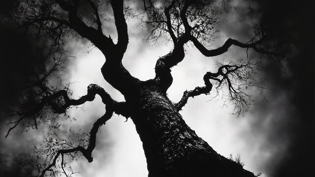 Monochrome silhouette of a gnarled tree reaching towards the sky on a cloudy day