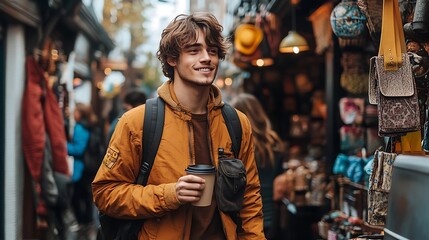 Obraz premium Smiling young man enjoys a coffee at a bustling outdoor market.