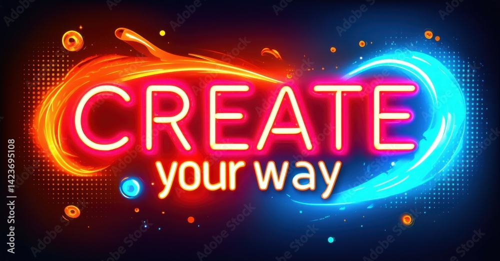 Aufkleber bright neon sign displays create your way. vivid colors, dynamic swirls, dark background create ener