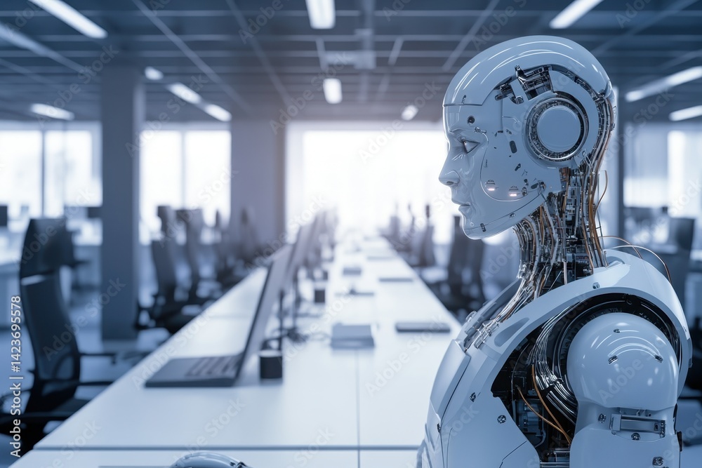 Poster robot standing in a modern office with multiple computer desks and soft lighting