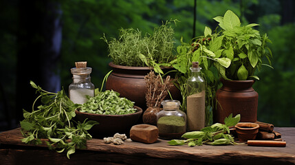 Various herbs on the table.