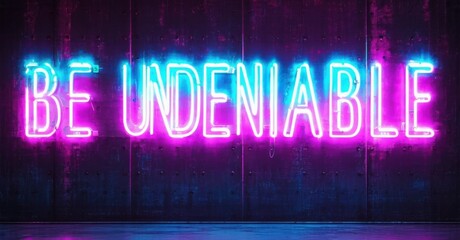 Obraz premium Massive glowing phrase be undeniable in cyan and magenta bold letters over steel panels with neon flickers and shadows