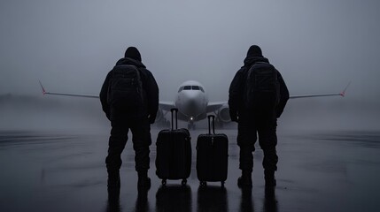 Two figures at foggy airport