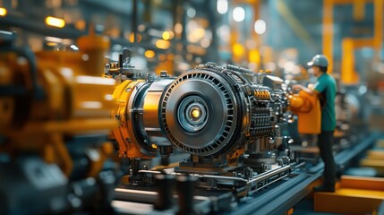 Fototapeta premium Industrial Engine Assembly Line: Precision Manufacturing of Advanced Machinery