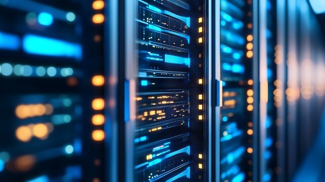 Server Room Data Center with Rows of Computer Racks and Blinking Lights
