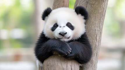 Fototapeta premium Adorable giant panda cub resting on a tree branch with its paws crossed, looking directly forward in a soft-focus natural forest setting.