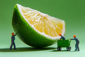 A fresh lime cut into small slices, two miniature workers pushing a cart next to the fruit