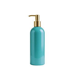 A photo of a green bottle with a gold pump on isolated background.