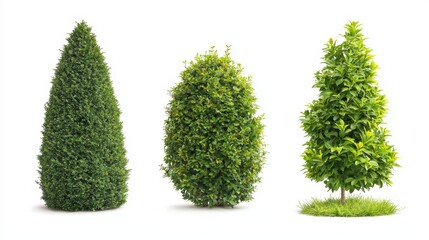 Fototapeta premium Three trimmed evergreen shrubs, isolated.