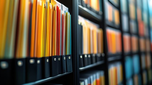 Close-up view of organized files in archive or library.  Rows of colorful folders in black file cabinets on shelves.  High-quality image of a well-organized archival system.