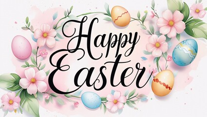 Happy Easter Watercolor Floral Greeting Card Design with Pastel Eggs