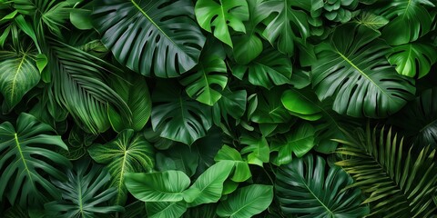 Fototapeta premium A lush green jungle with many leaves and vines. Concept of abundance and growth, as well as the beauty of nature