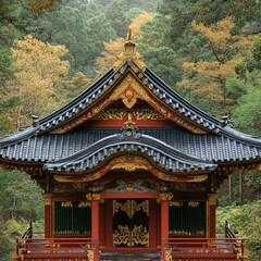 Fototapeta premium Ornate traditional Japanese architecture with detailed roof design surrounded by trees