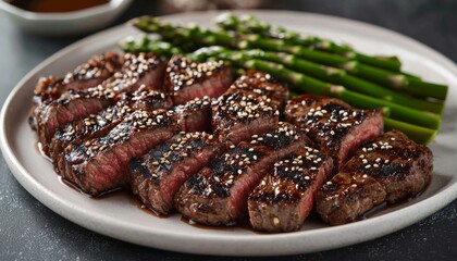 sliced grilled steak topped with sesame seeds, beautifully presented with fresh green asparagus and a drizzle of soy sauce, highlighting delicious gourmet flavors