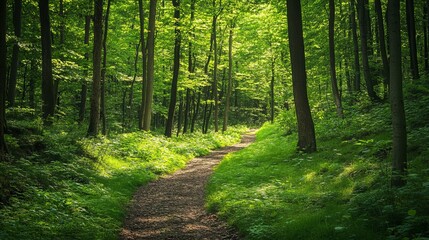 Obraz premium Scenic summer forest path lush green trees sunlight nature trail day way walk park road view calm