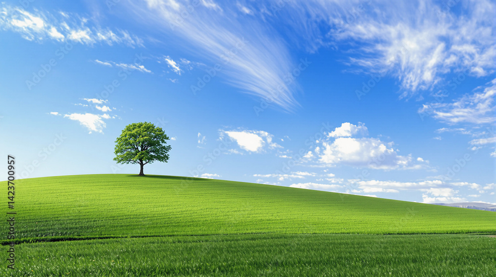 Wall mural tree is standing in a grassy field with a clear blue sky above it