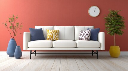Exploring a Mid-Century Modern Living Space with a White Couch and Retro Accents for Ultimate Comfort and Style