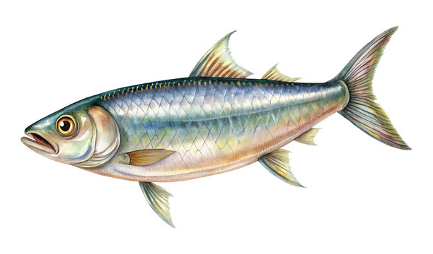 Detailed Watercolor Illustration of a Ladyfish or Skipjack on White Background
