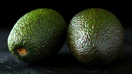 Two ripe avocados on a dark surface.