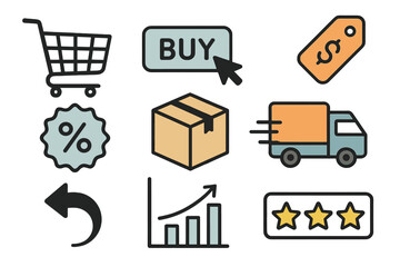 Icons representing tools used in online shopping and business platforms