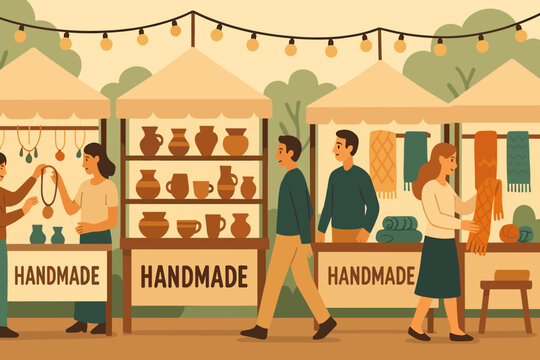 An outdoor local craft market with handmade goods and shoppers