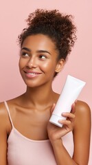 Smiling young woman holding skincare tube on pink background for beauty product marketing and cosmetics advertising