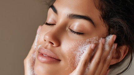 Closeup of woman washing face with foam cleanser, suitable for beauty, skincare product, and personal hygiene advertising