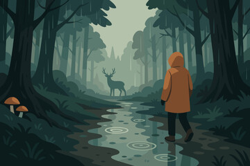 A woodland path shrouded in mist, teeming with wildlife, and beset by rain